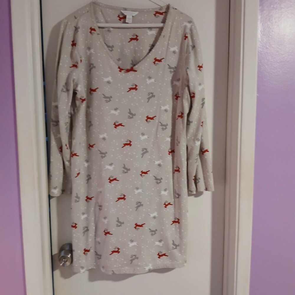 Charter Club Women's Long Sleeve Gray Reindeer Print Sleep Shirt